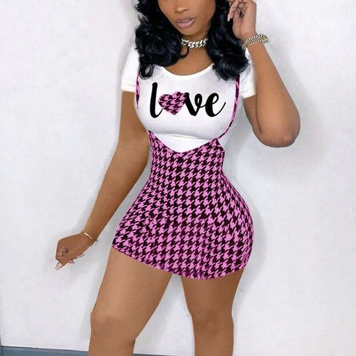 Two Piece Hoodstooth Dress Suits Short Sleeve T Shirt & Bib Skirt Set