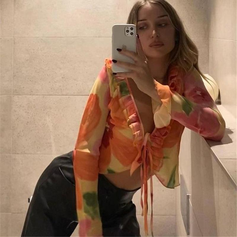 Printed Floral Ruffle Chiffon T Shirts Women V-neck Sexy Long Sleeve