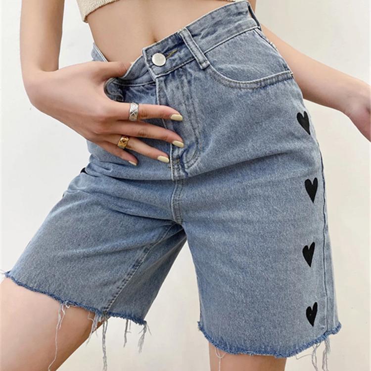 High-waist Embroidery Love Loose and Thin Wide-leg Jeans Shorts Women