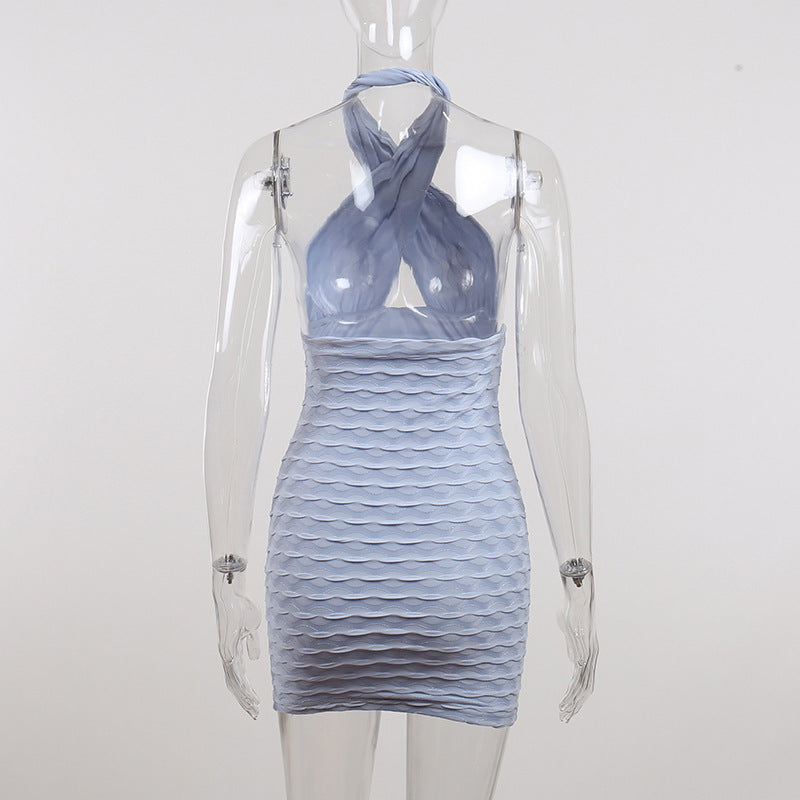 New Wavy Texture Halter Hollow Out Hip Dress