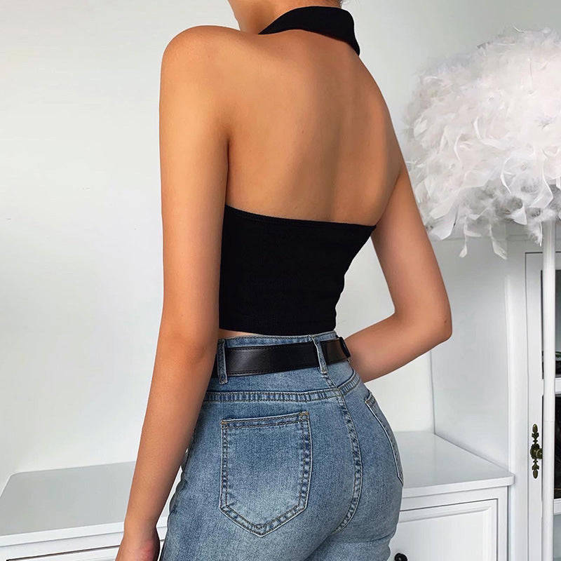 New Solid Lapel Vest Cropped Navel Backless Top