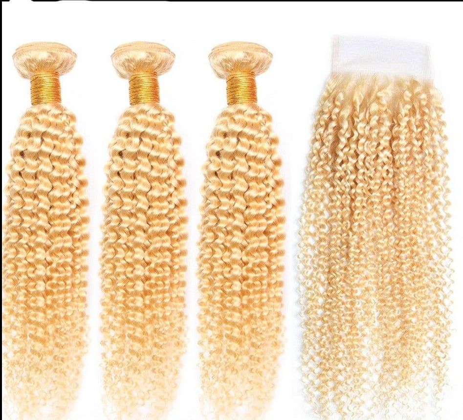Blonde Kinky Curly #1B/613 Human Hair BUNDLES with CLOSURES & FRONTALS