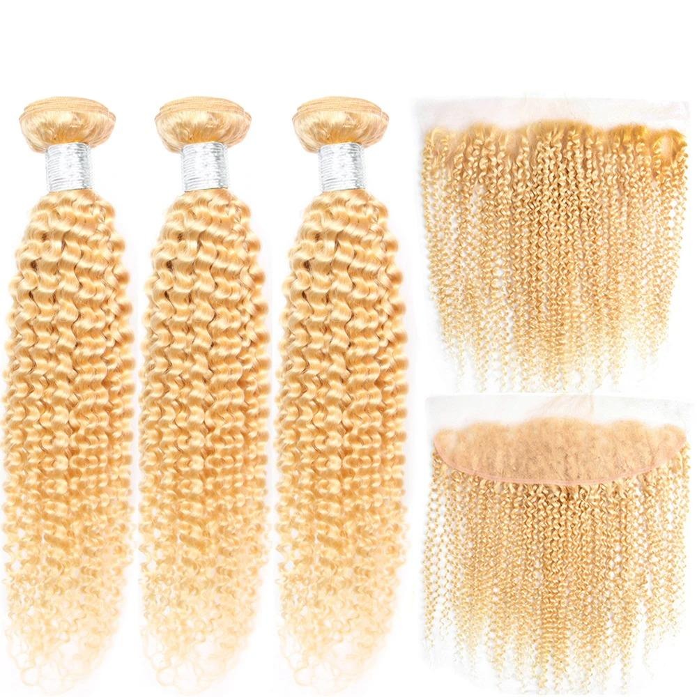 Blonde Kinky Curly #1B/613 Human Hair BUNDLES with CLOSURES & FRONTALS
