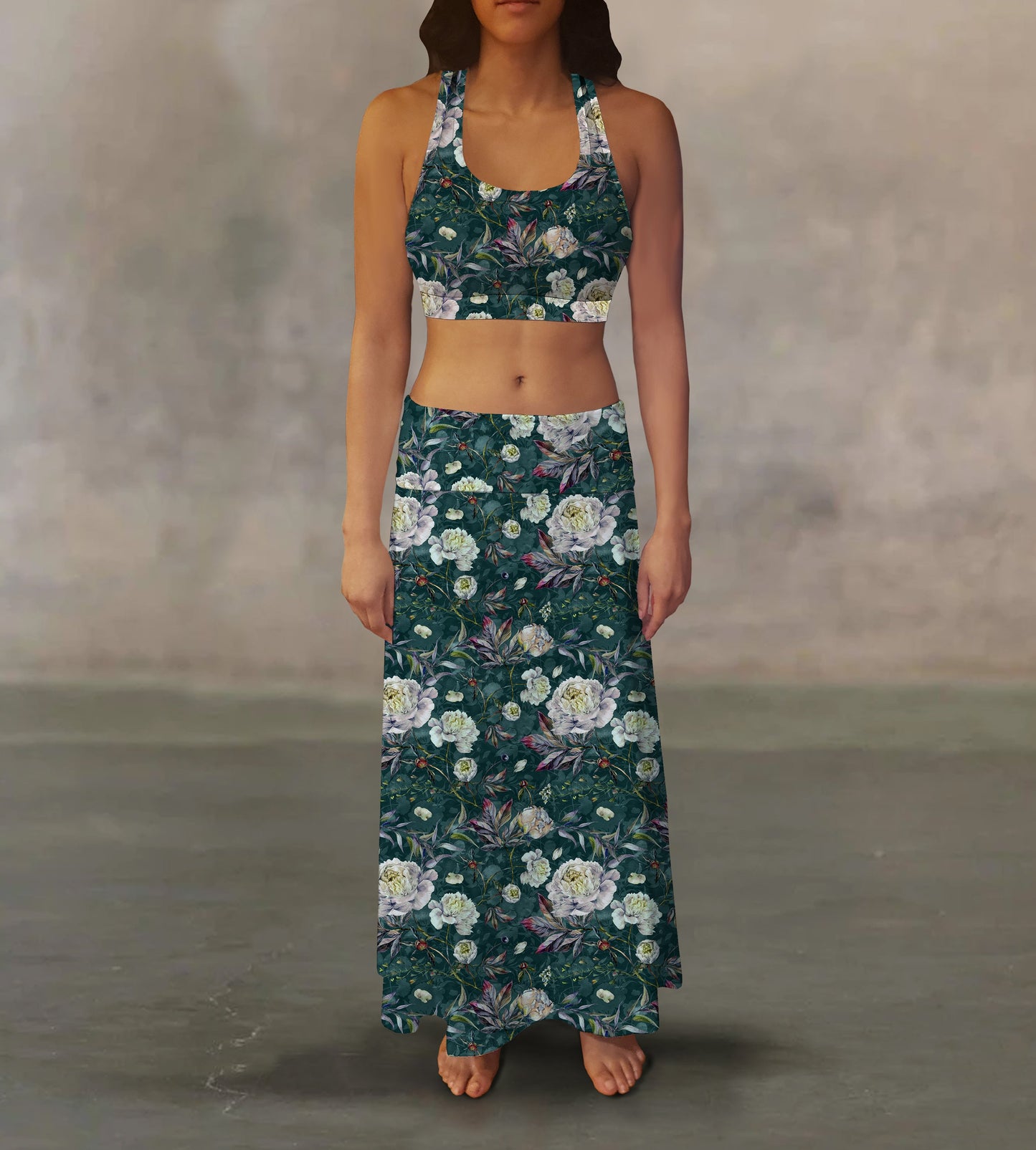 Emerald White Roses Maxi Skirt