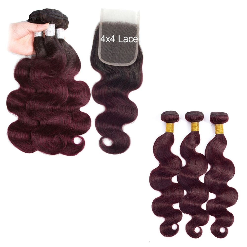 10A Grade #99J Body Wave #1B/99j BUNDLES with 4x4 CLOSURES & 13x4 FRO