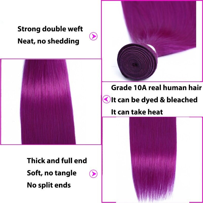 Purple 10A Grade Silver #1B/ purple 3/4 Straight BUNDLES with CLOSURE
