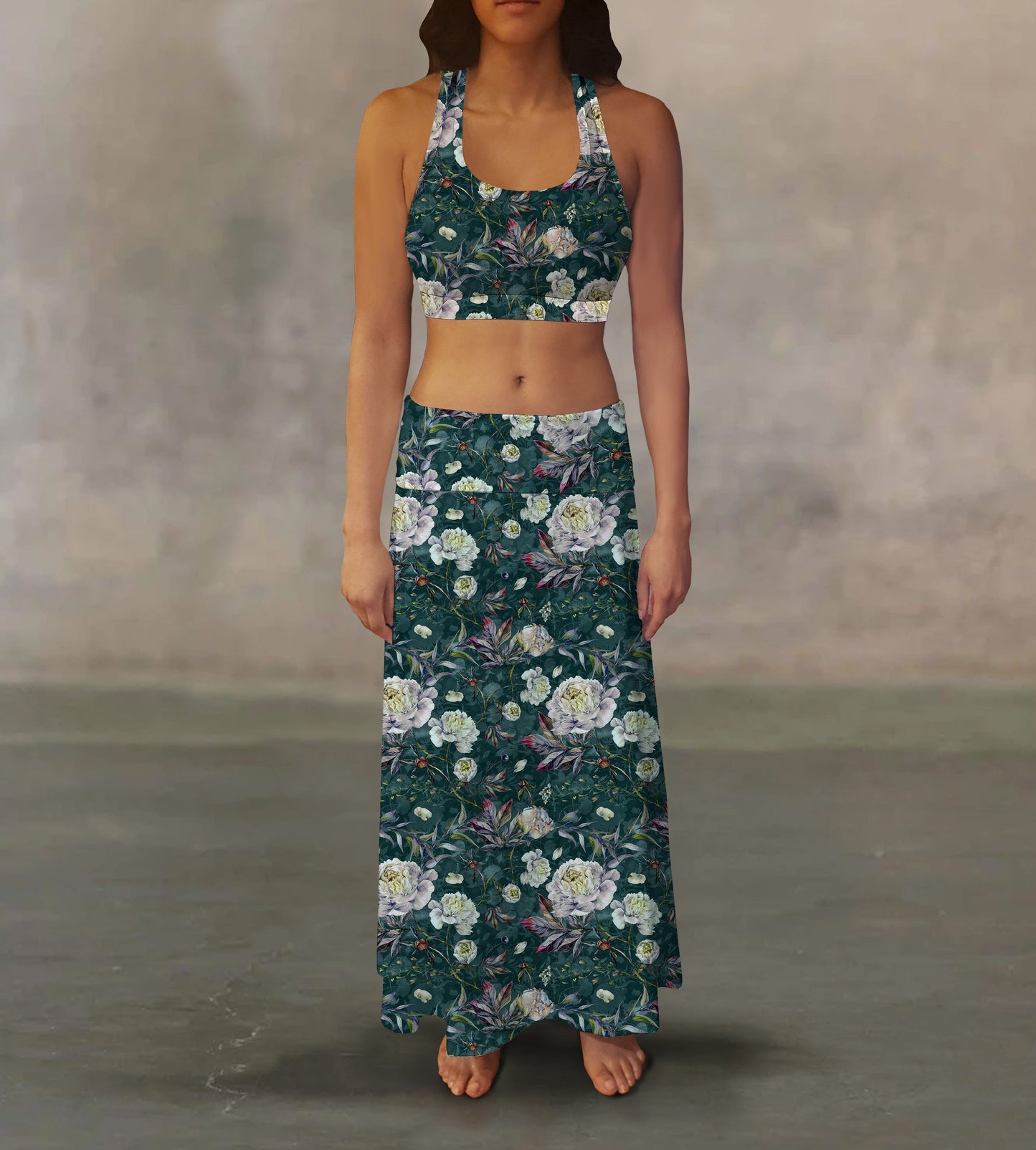 Emerald White Roses Maxi Skirt