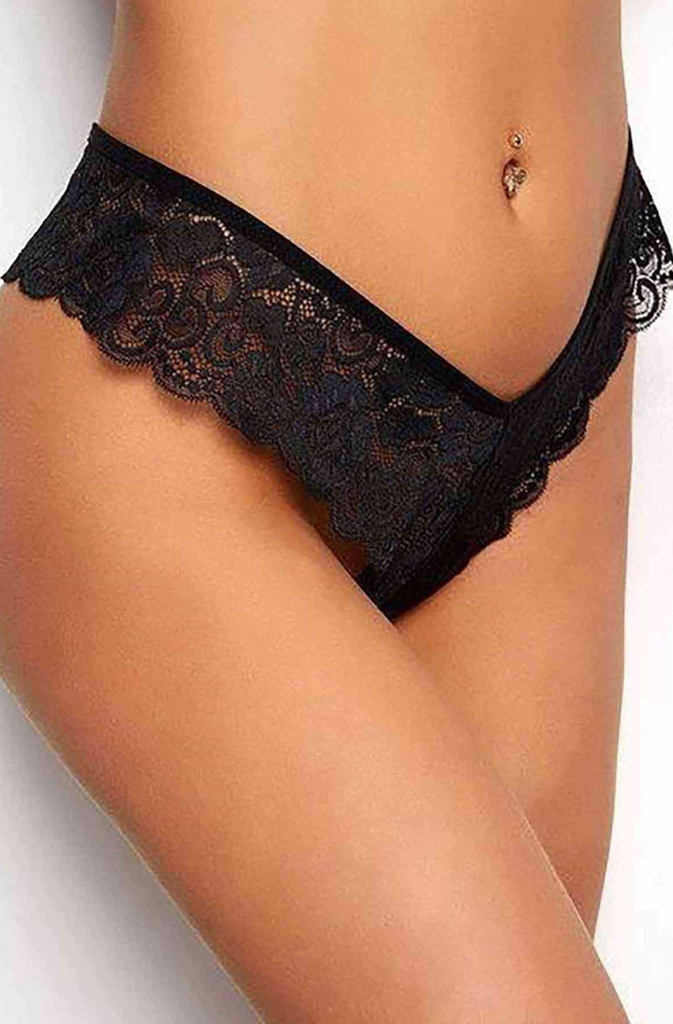 Black Trim Lace Thong V Back Panty