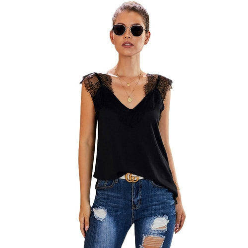 Women Summer Sexy Basic Lace Camisole Summer Knit Tank Top V Neck