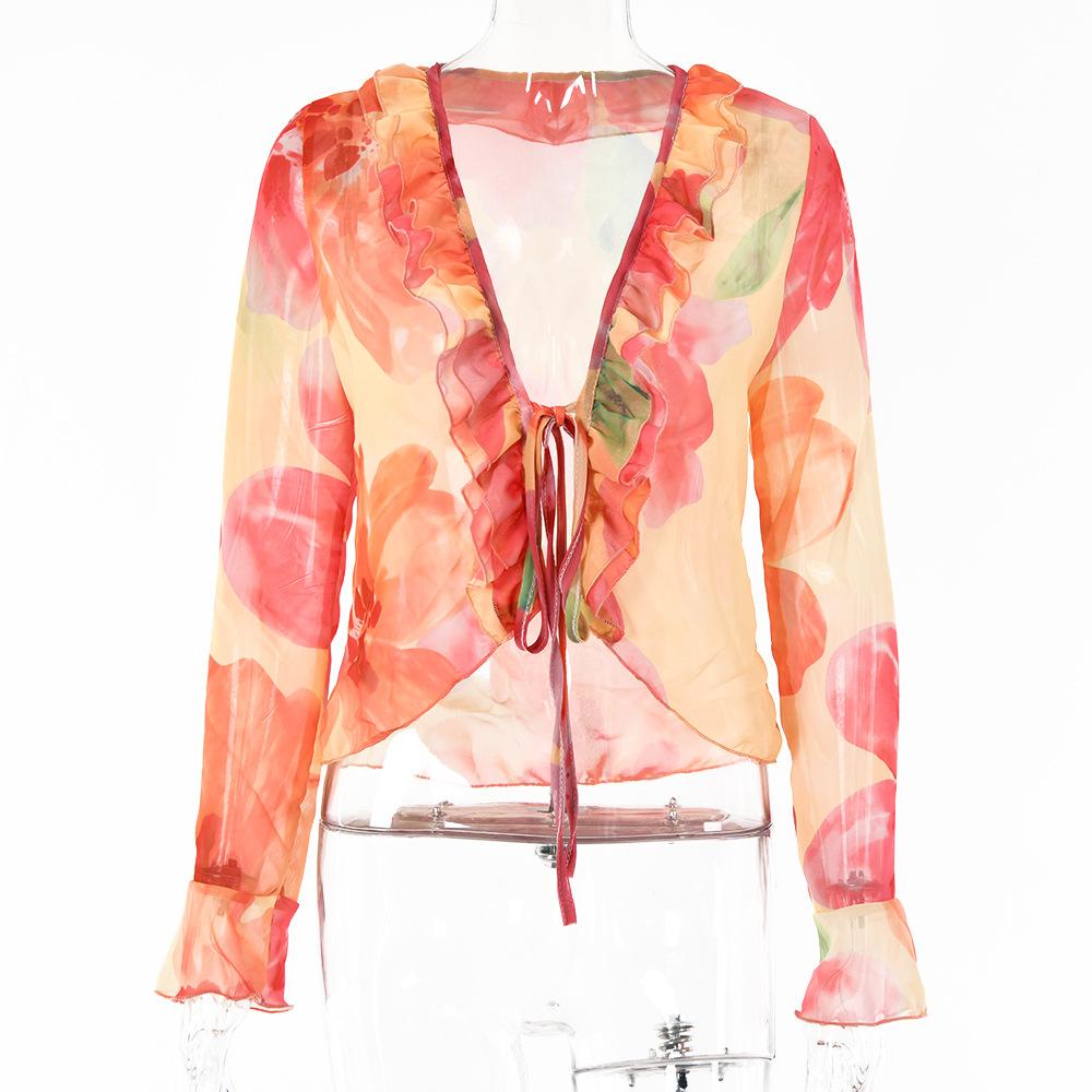 Printed Floral Ruffle Chiffon T Shirts Women V-neck Sexy Long Sleeve