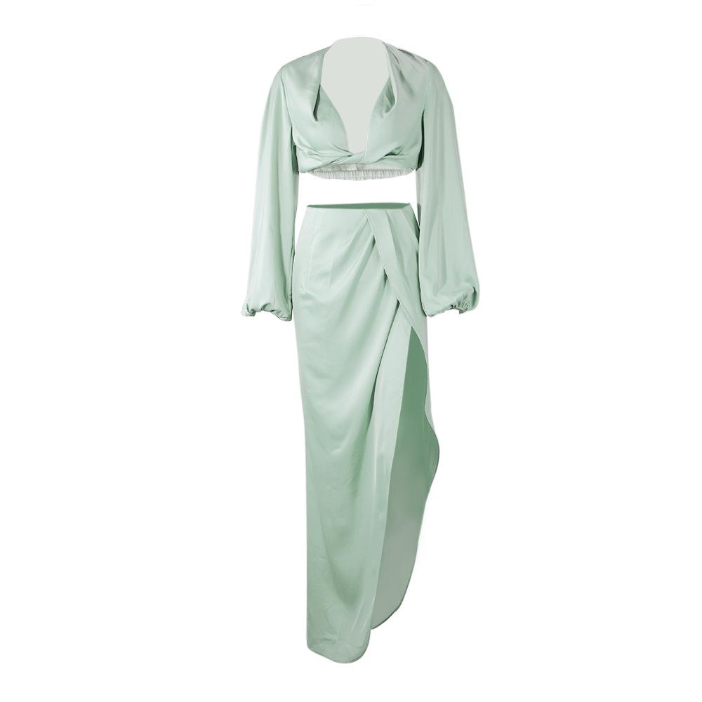Sexy Cropped Blouse Shirts High Split Long Skirt Matching Suit Clothes