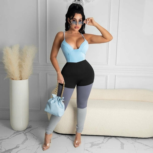 Jumpsuits Patchwork Spaghetti Strap Summer Casual Bodycon Rompers