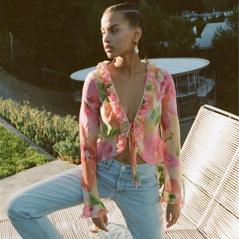 Printed Floral Ruffle Chiffon T Shirts Women V-neck Sexy Long Sleeve