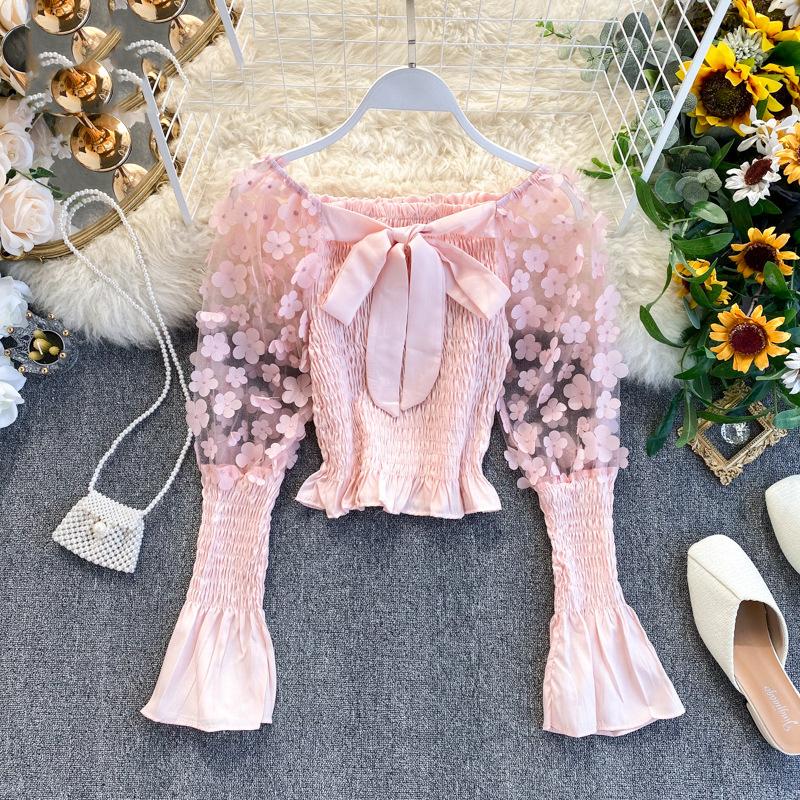 One Shoulder Chic Puff Sleeve Boho Blouse Women Hollow Out Smocking
