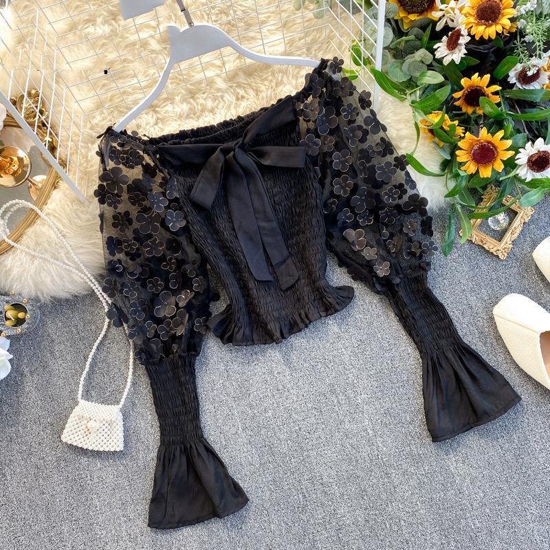 One Shoulder Chic Puff Sleeve Boho Blouse Women Hollow Out Smocking