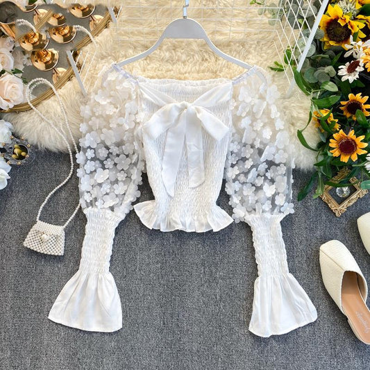One Shoulder Chic Puff Sleeve Boho Blouse Women Hollow Out Smocking