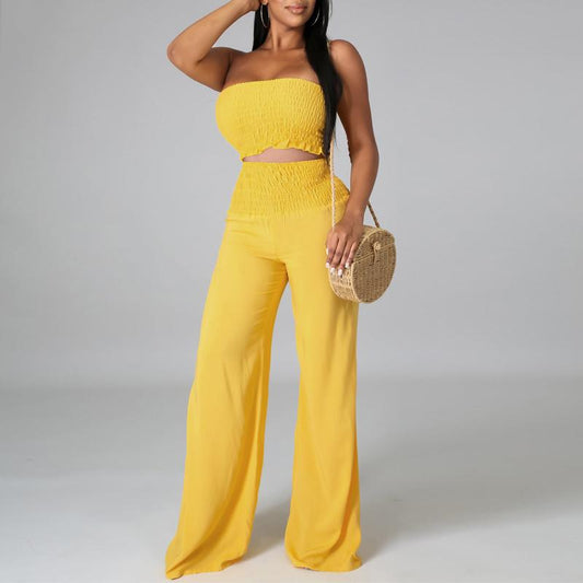 Sleeveless Strapless Pleated Crop Top + Loose Wide Leg Pants