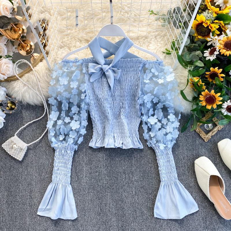 One Shoulder Chic Puff Sleeve Boho Blouse Women Hollow Out Smocking