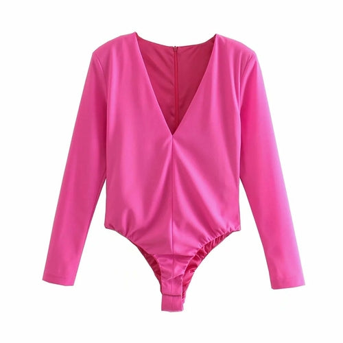 Back Zipper Rose Red Long Sleeve Skinny Bodysuit