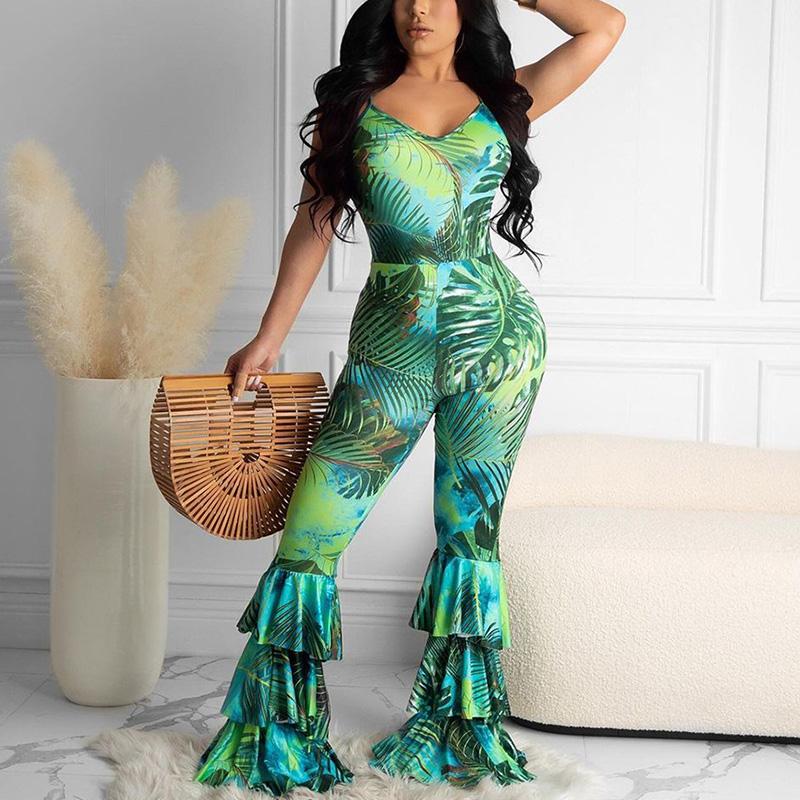 Women Spaghetti Strap Printed Ruffle Design Bodycon Jumpsuits with
