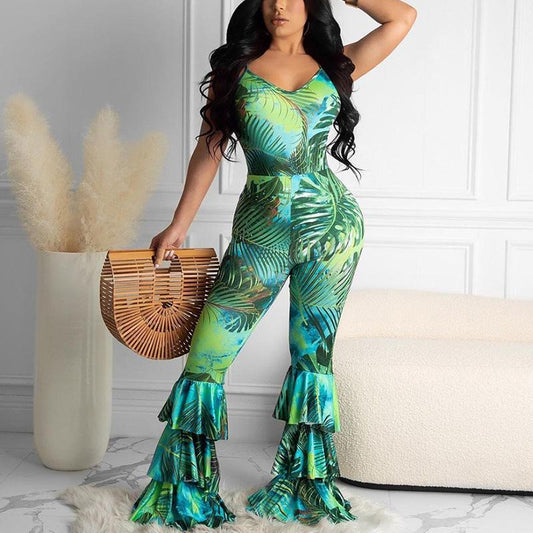 Women Spaghetti Strap Printed Ruffle Design Bodycon Jumpsuits with