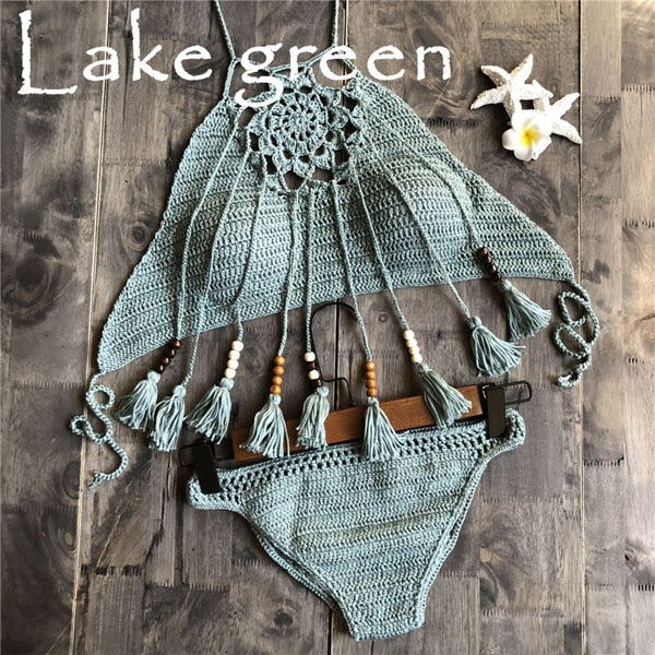 CROCHET BIKINI Sexy Halter Tie Knitting New Beach Swimwear Halter Beaded Tassel Crop Top Brazil Bikini Swimsuit Bathing Suit