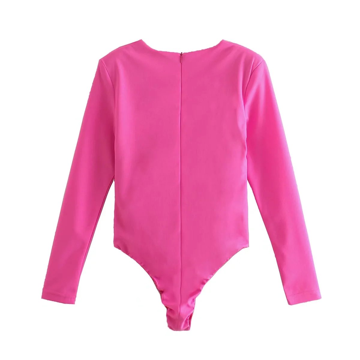Back Zipper Rose Red Long Sleeve Skinny Bodysuit