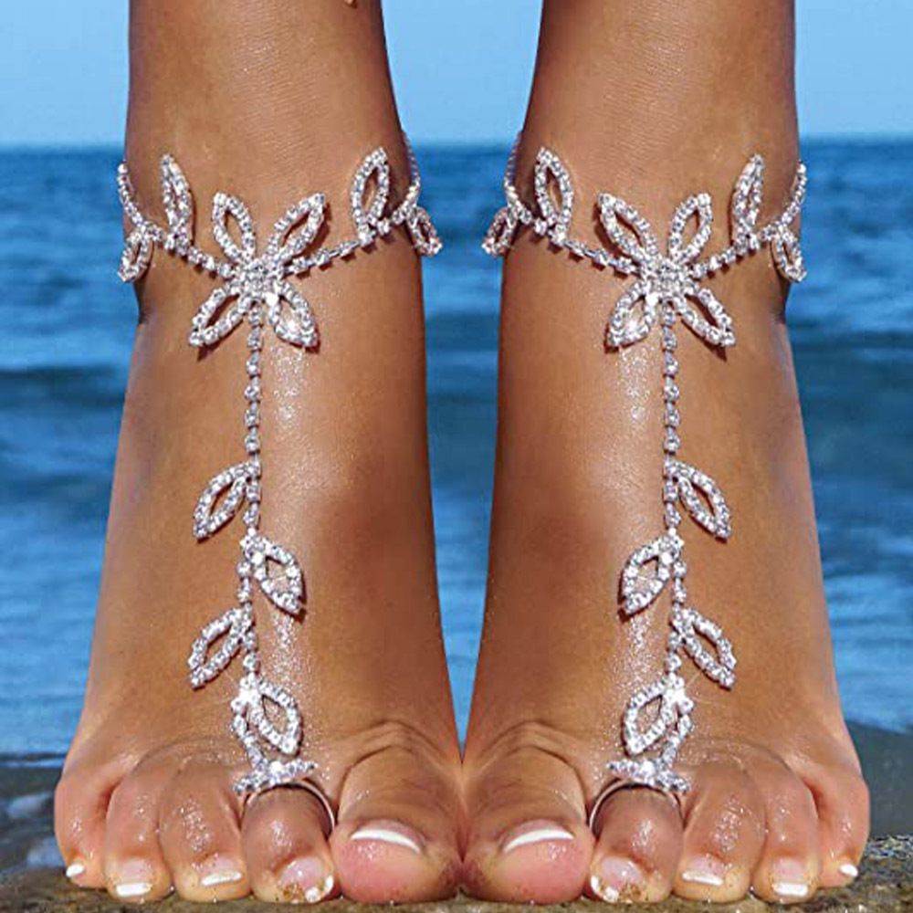 Beach Wedding Jewelry Anklet with Rhinestone Toe Ring Leaf Bridal Toe