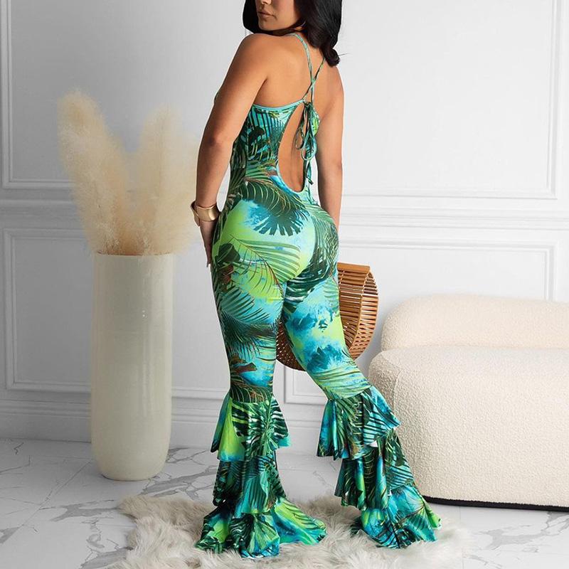 Women Spaghetti Strap Printed Ruffle Design Bodycon Jumpsuits with