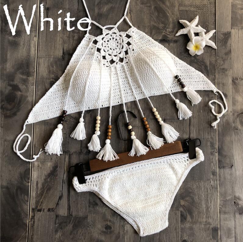 CROCHET BIKINI Sexy Halter Tie Knitting New Beach Swimwear Halter Beaded Tassel Crop Top Brazil Bikini Swimsuit Bathing Suit