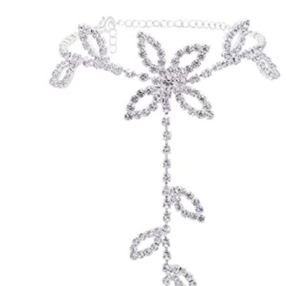 Beach Wedding Jewelry Anklet with Rhinestone Toe Ring Leaf Bridal Toe