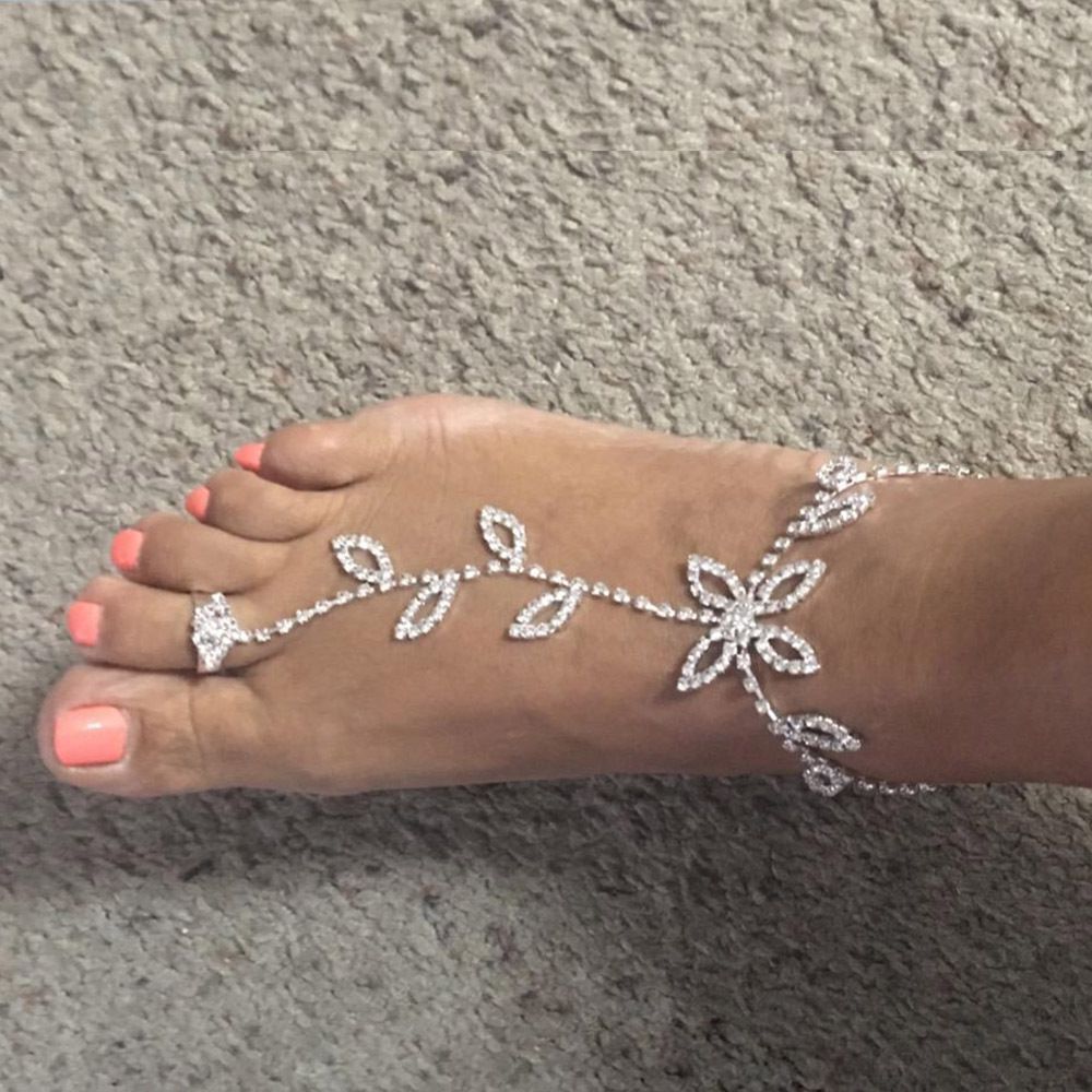 Beach Wedding Jewelry Anklet with Rhinestone Toe Ring Leaf Bridal Toe