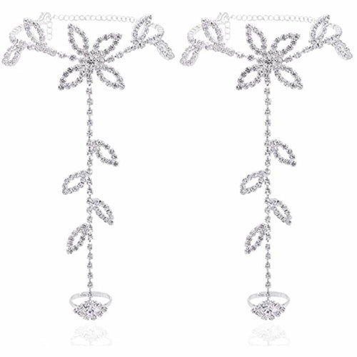 Beach Wedding Jewelry Anklet with Rhinestone Toe Ring Leaf Bridal Toe