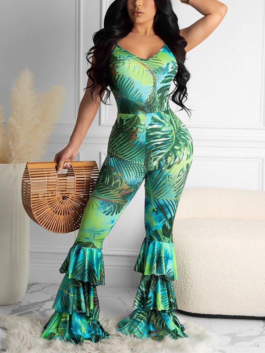 Women Spaghetti Strap Printed Ruffle Design Bodycon Jumpsuits with