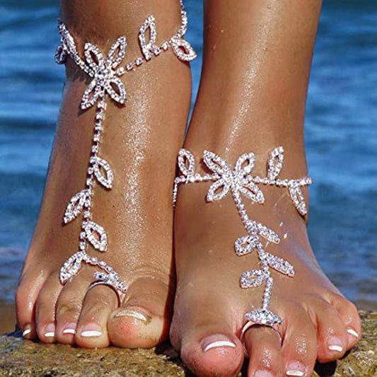 Beach Wedding Jewelry Anklet with Rhinestone Toe Ring Leaf Bridal Toe