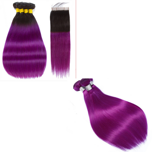 Purple 10A Grade Silver #1B/ purple  3/4 Straight BUNDLES with CLOSURE