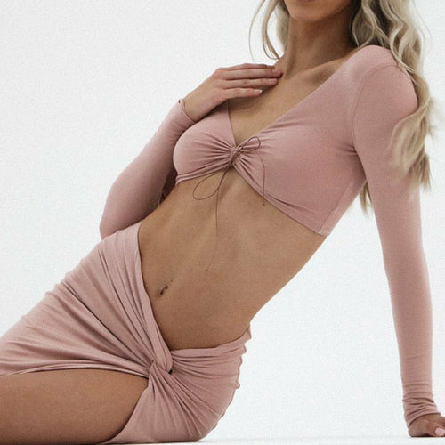 Women Drawstring Ruched Long Sleeve Two Piece Set Bodycon Skirts Split