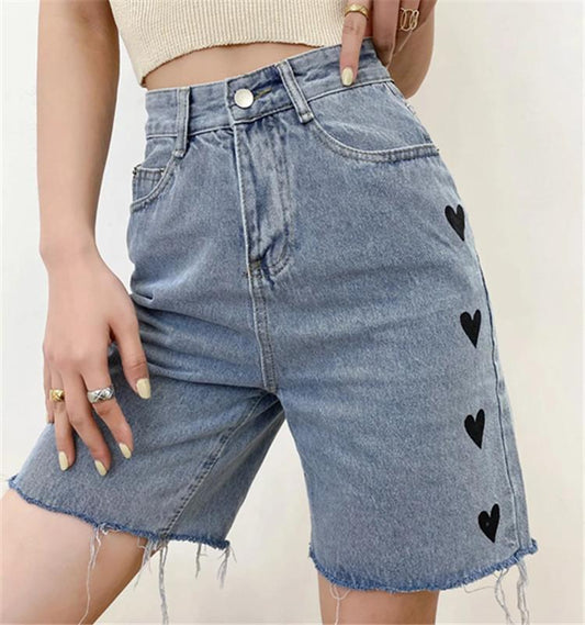 High-waist Embroidery Love Loose and Thin Wide-leg Jeans Shorts Women