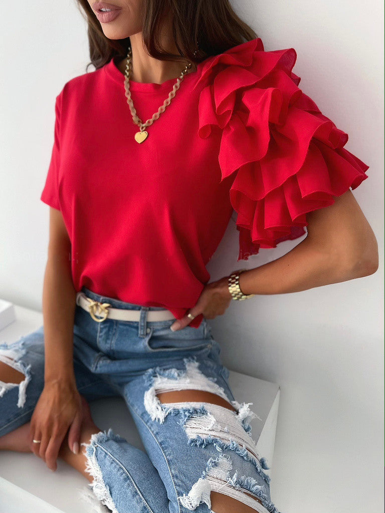 Summer Fashion Ruffle Short Sleeve Round Neck Ladies T-Shirt
