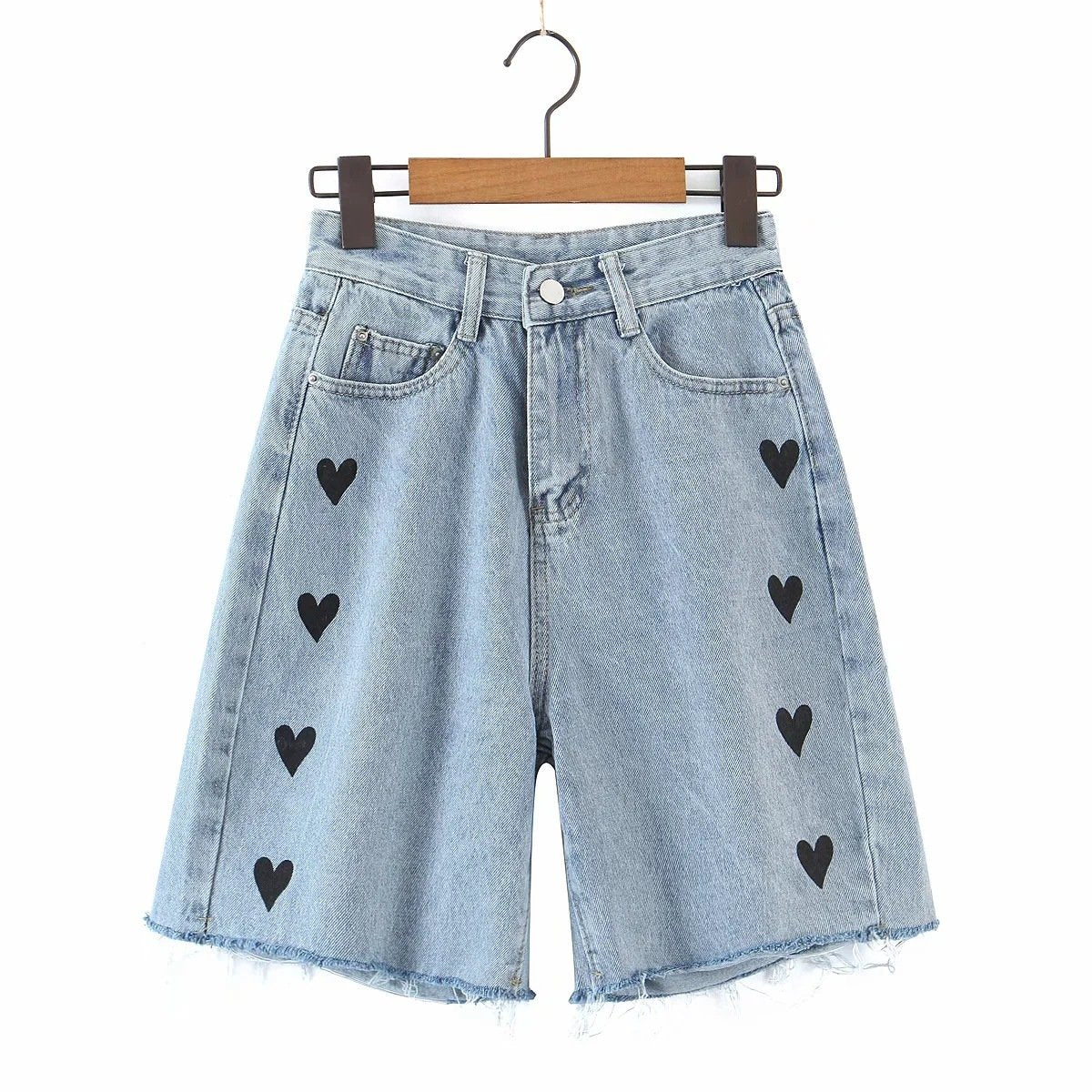 High-waist Embroidery Love Loose and Thin Wide-leg Jeans Shorts Women
