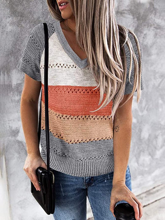 Patchwork Hooded Sweater Long Sleeve V-neck Knitted Sweater Casual