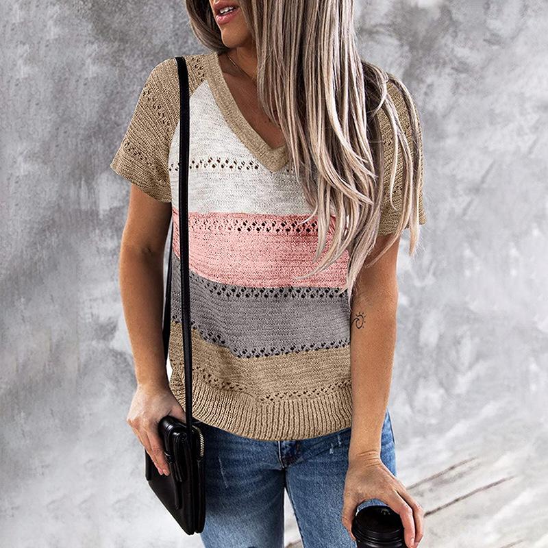 Patchwork Hooded Sweater Long Sleeve V-neck Knitted Sweater Casual