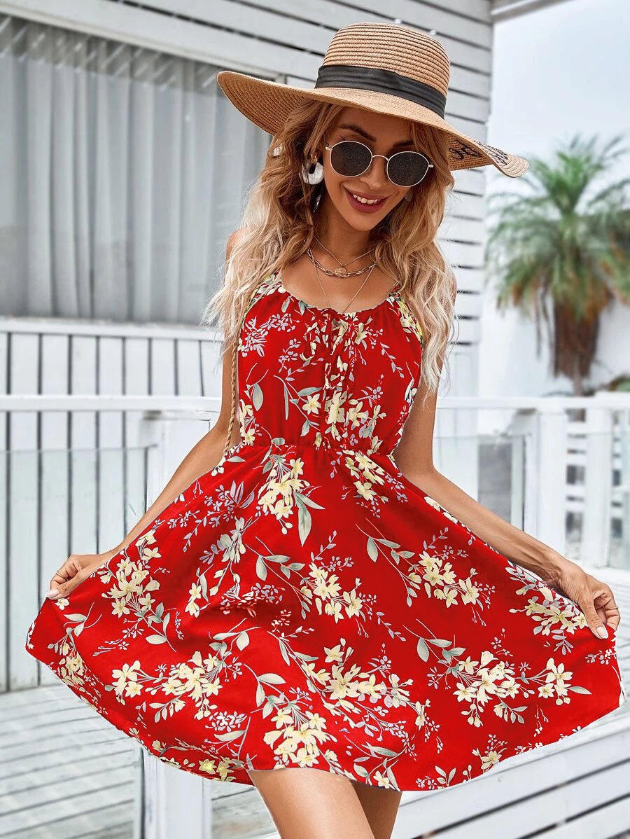 Elegant Sleeveless Printed Dress with Elastic Waist