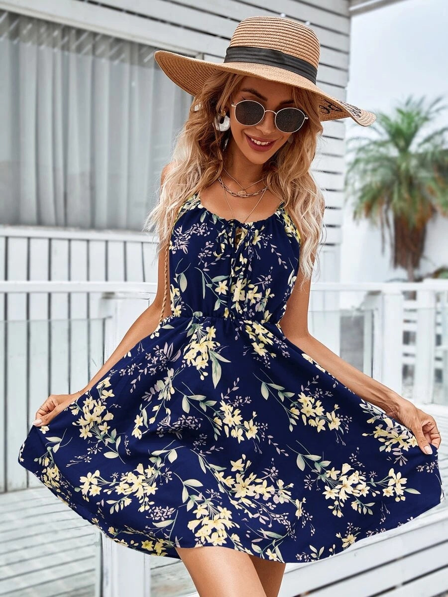 Elegant Sleeveless Printed Dress with Elastic Waist