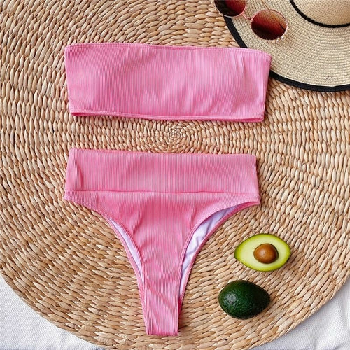 Ribbed Bandeau Bikinis  Ribbed Swimsuit Female Strapless Sports