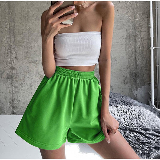 Green Casual Women's Shorts Sports High Waist Pocket Solid Sweatpants