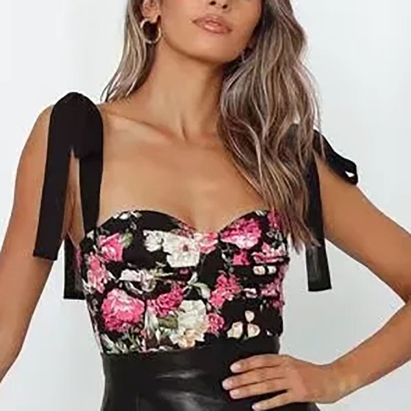 Women Vintage Floral Print Tank Tops Backless Cropped Tanks