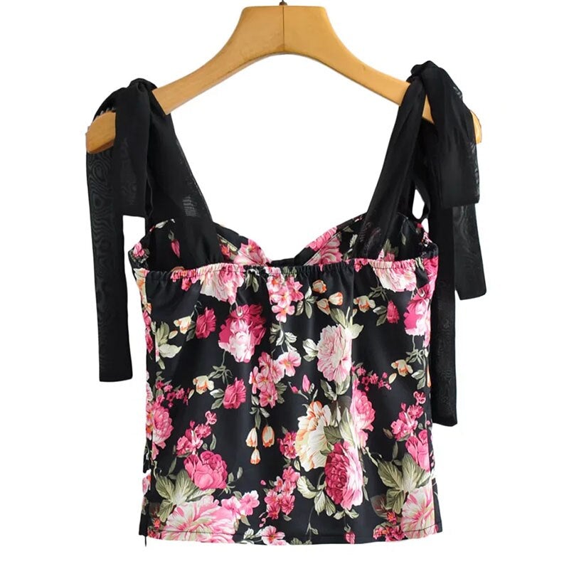 Women Vintage Floral Print Tank Tops Backless Cropped Tanks