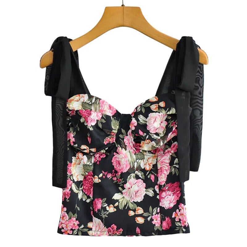 Women Vintage Floral Print Tank Tops Backless Cropped Tanks
