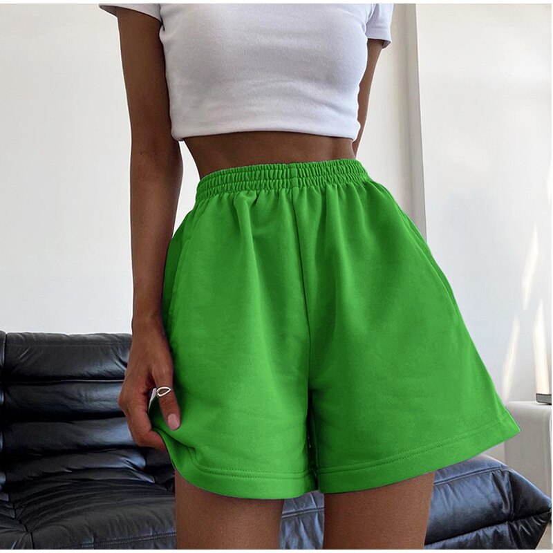 Green Casual Women's Shorts Sports High Waist Pocket Solid Sweatpants